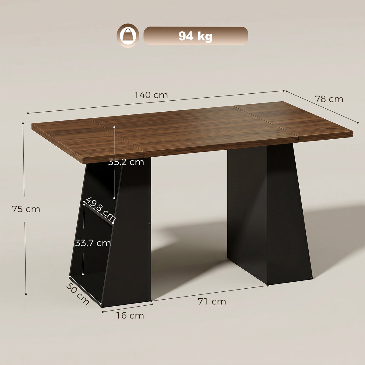 Schreibtisch mit 4 offenen Ablagen, Industrial Design, 140 cm, Braun-Schwarz