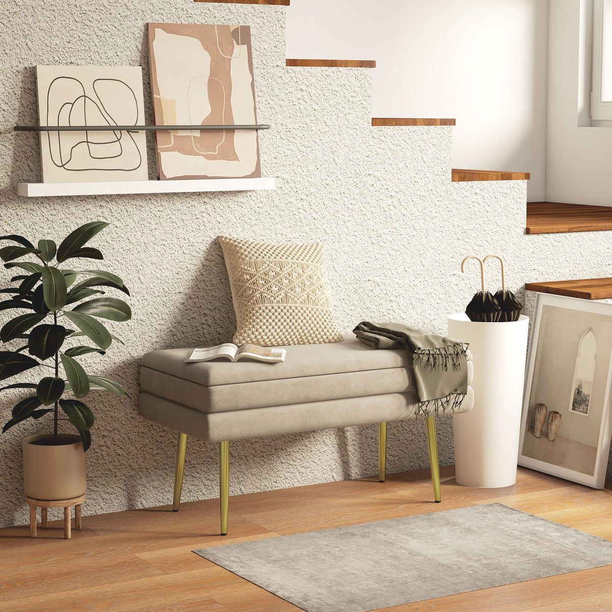 Sitzbank Polsterbank, mit Stauraum, Stahl, 79,5 cm x 37,5 cm x 43 cm, Beige
