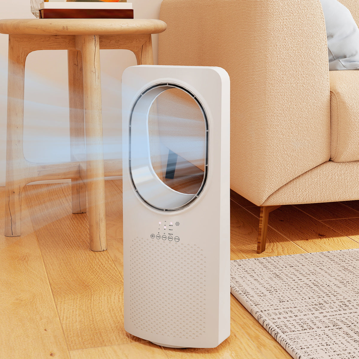 Bladeless Turmventilator für Schlafzimmer, 36 dB Standventilator mit 45° Oszillation, 3 Geschwindigkeiten, 3 Modi, 15-Stunden-Timer, Weiß