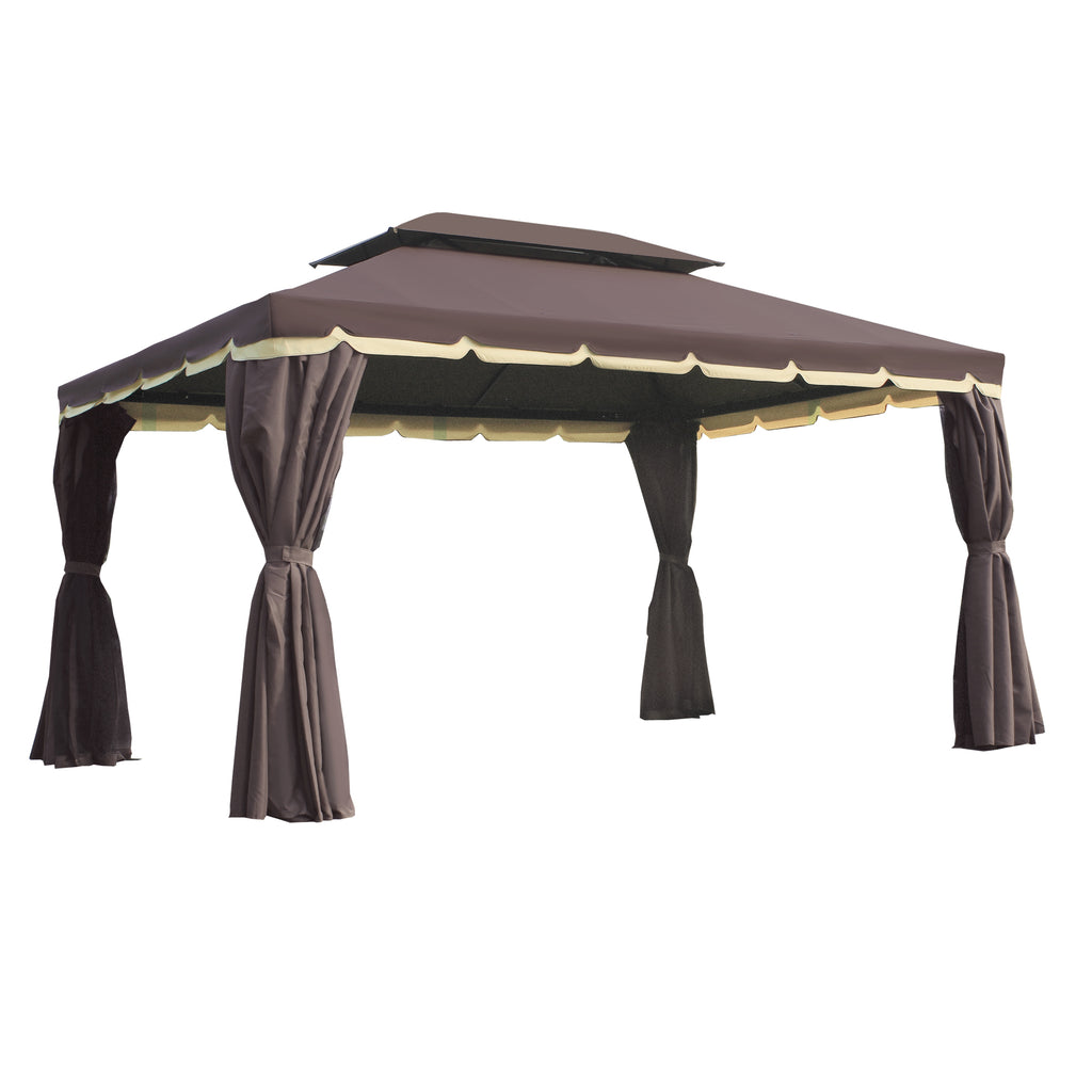  3 x 4m Aluminium Garden Gazebo, Marquee Canopy Shelter Pavilion Party Tent with Nets and Curtains for Garden and Deck, Coffee