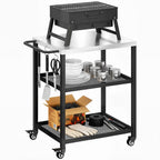 Outdoor Grill Cart with Stainless Steel Tabletop, 3-Tier Pizza Oven Stand with Adjustable Shelf, Hooks, Wheels, Black