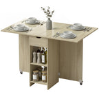 Klappbarer Esstisch für 2-4 Personen, Rollbarer Tisch mit offenem Fach und Schublade, ideal für kleine Räume, Natur
