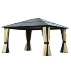 Hardtop-Gartenpavillon 4,2 x 3,6 m, Vorhänge mit Fliegennetz, Alugestell, Braun+Creme
