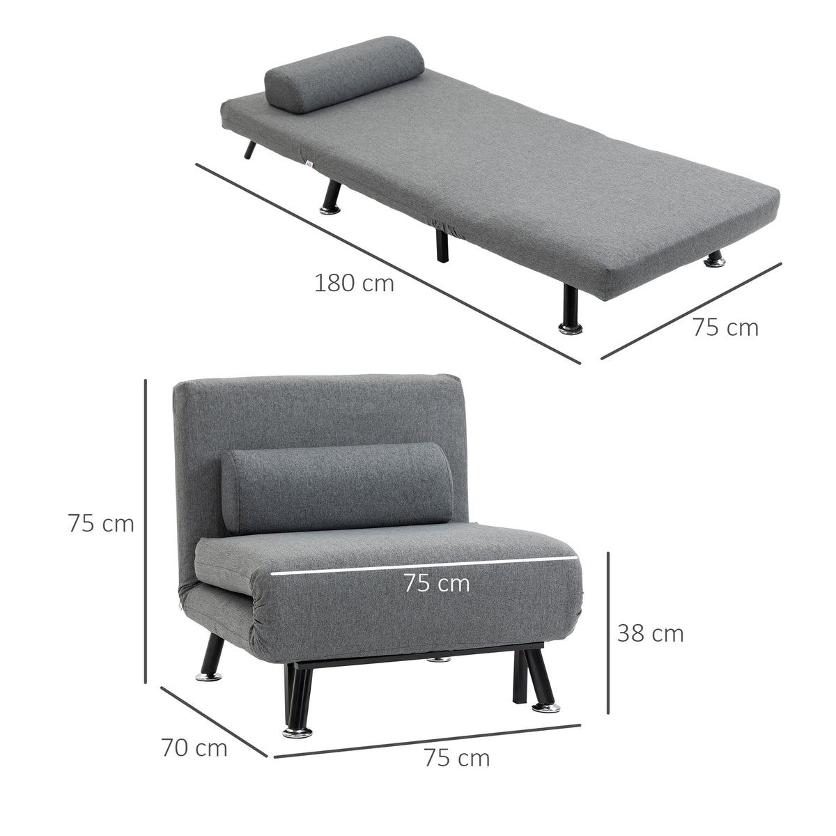 Klappsessel mit Bettfunktion, klappbarer Relaxsessel in Leinenoptik, Verstellbare R¨¹ckenlehne, 75 x 70 x 75 cm, Dunkelgrau