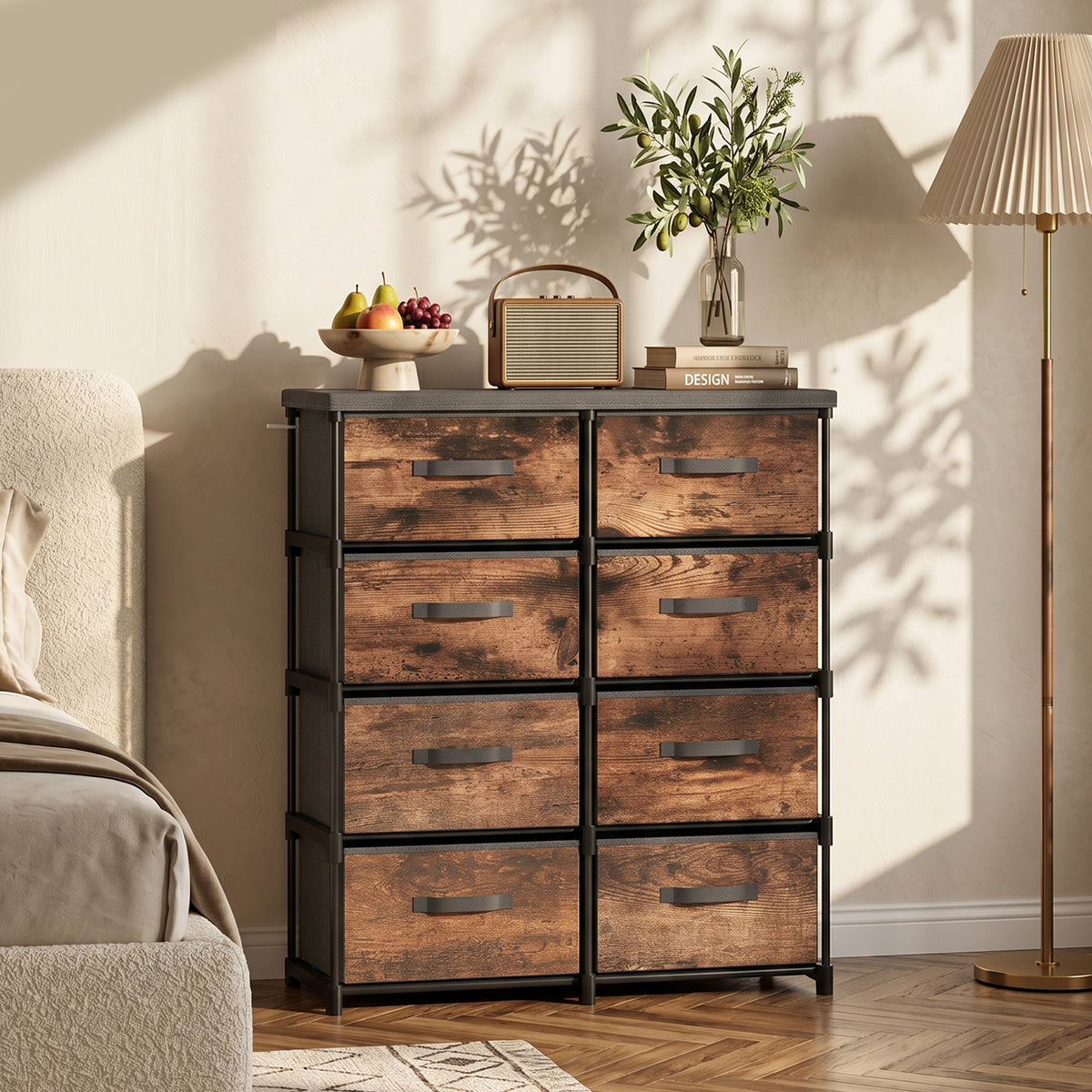 Kommode mit 8 Schubladen, Stoffkommode mit Metallgestell, für Schlafzimmer & Wohnzimmer, Vintage Braun