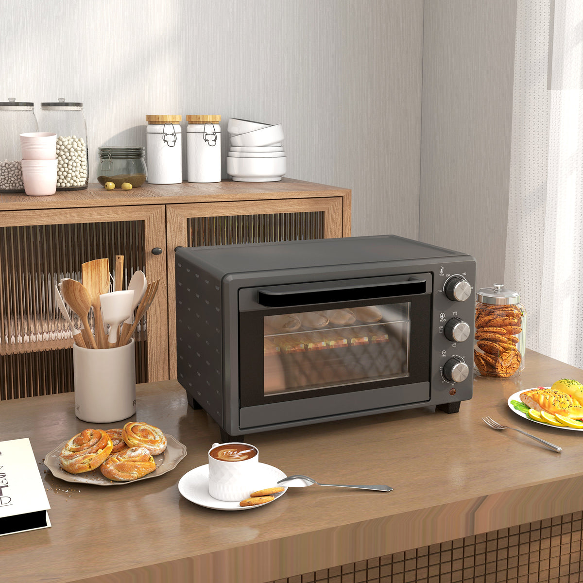 Minibackofen, 21 L Toasterofen mit 1 Drahtgestell und 1 Backblech, 3 Kochmodi, 100?¡ãC-230?¡ãC, Edelstahl, Glas, Grau