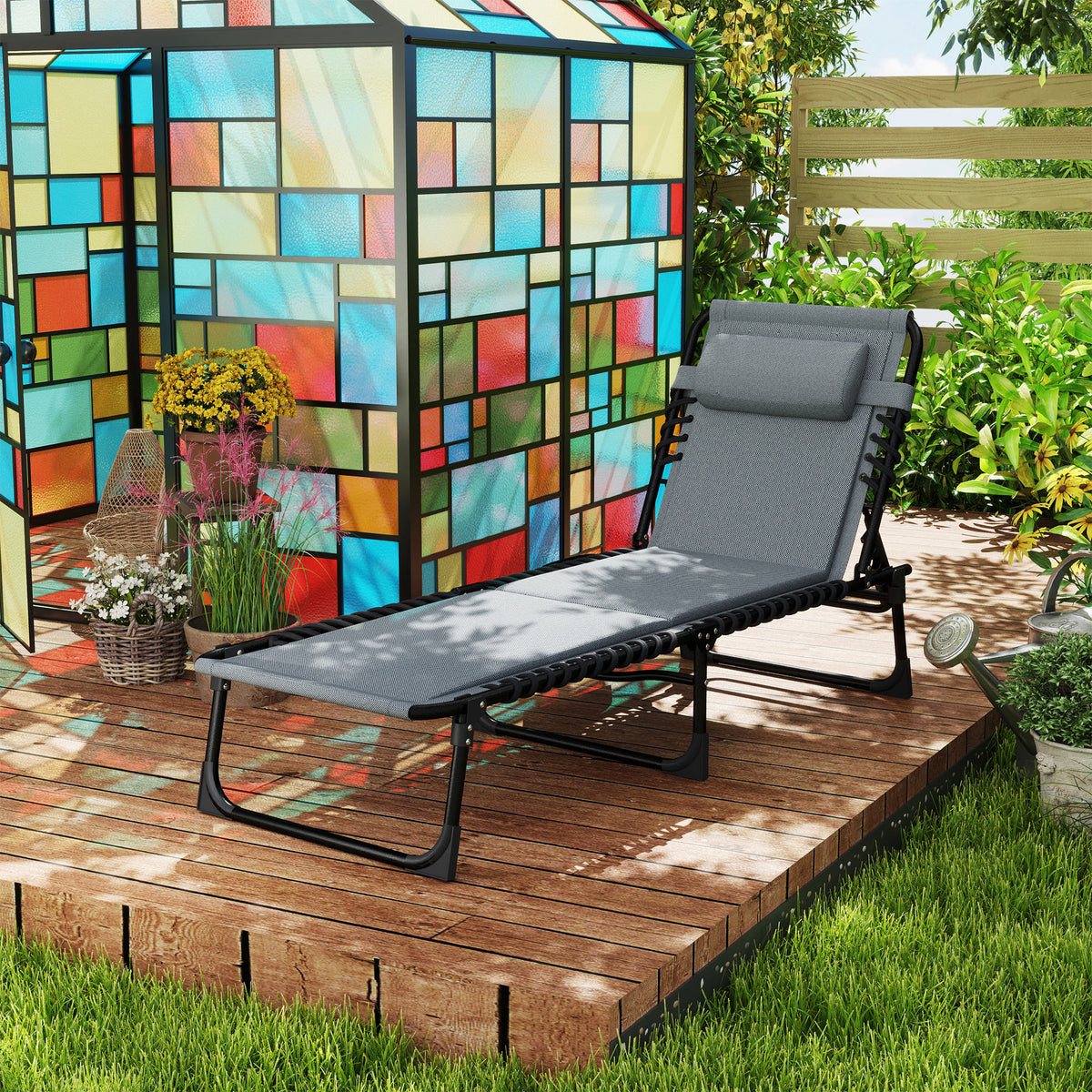 Liegestuhl, Sonnenliege mit Polsterung und Seitentasche, Gartenliege, Pool-Liege, Polsterliege, Grau