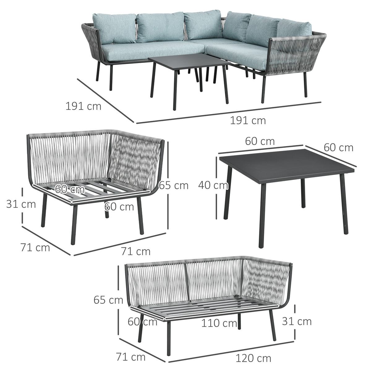 Rattan Gartenmöbel-Set für 4 Personen Sitzgarnitur mit Kissen für Balkon Alu Grau