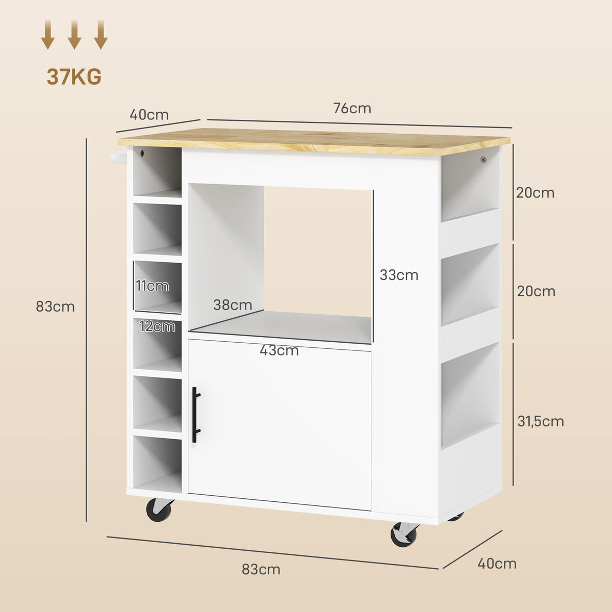K¨¹chenwagen, Rollbare K¨¹cheninsel, K¨¹chen-Trolley mit F?chern, Weinregalen, Schrank und Arbeitsfl?che, Wei?
