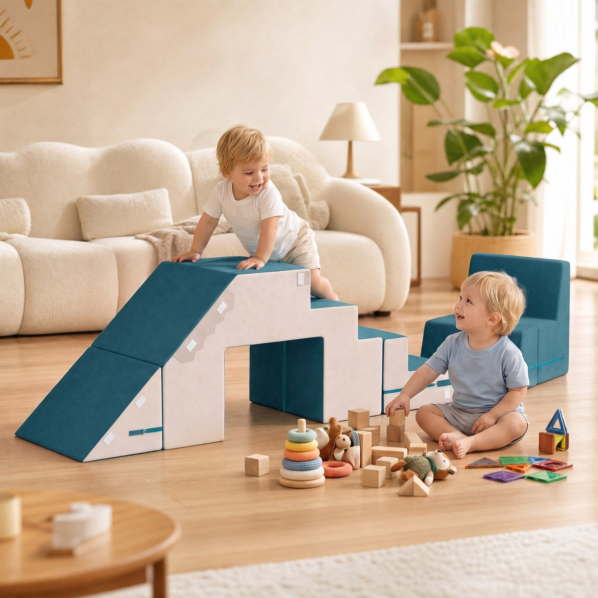 Spielsofa Samt 2-Teiliges Kindersofa aus Schaumstoff Waschbar Modulares Kindercouch für Kinder 0,5 bis 3 Jahre