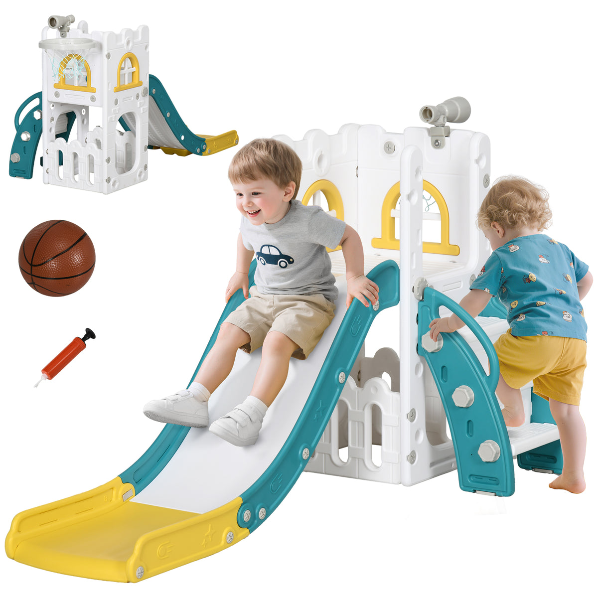 5 in 1 Toddler Slide with Basketball Hoop, Climber, Telescope, Storage Basket, for Ages 1-3 Years, Yellow