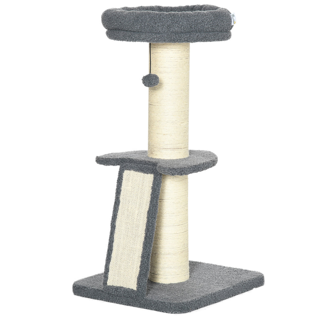 Cat Tree Tower with Scratching Posts, Pad, Bed, Toy Ball-Dark Grey