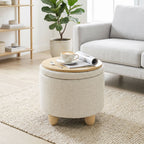 Hocker mit Stauraum, Runder Sitzhocker mit Deckel, Leinenoptik für Wohnzimmer, Schlafzimmer, 38,5x38,5x33,5 cm Beige