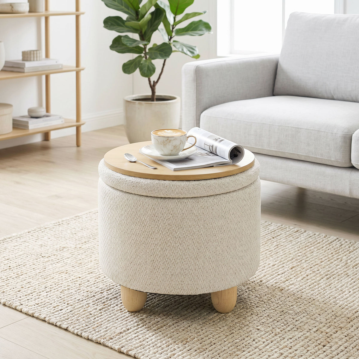Hocker mit Stauraum, Runder Sitzhocker mit Deckel, Leinenoptik für Wohnzimmer, Schlafzimmer, 38,5x38,5x33,5 cm Beige