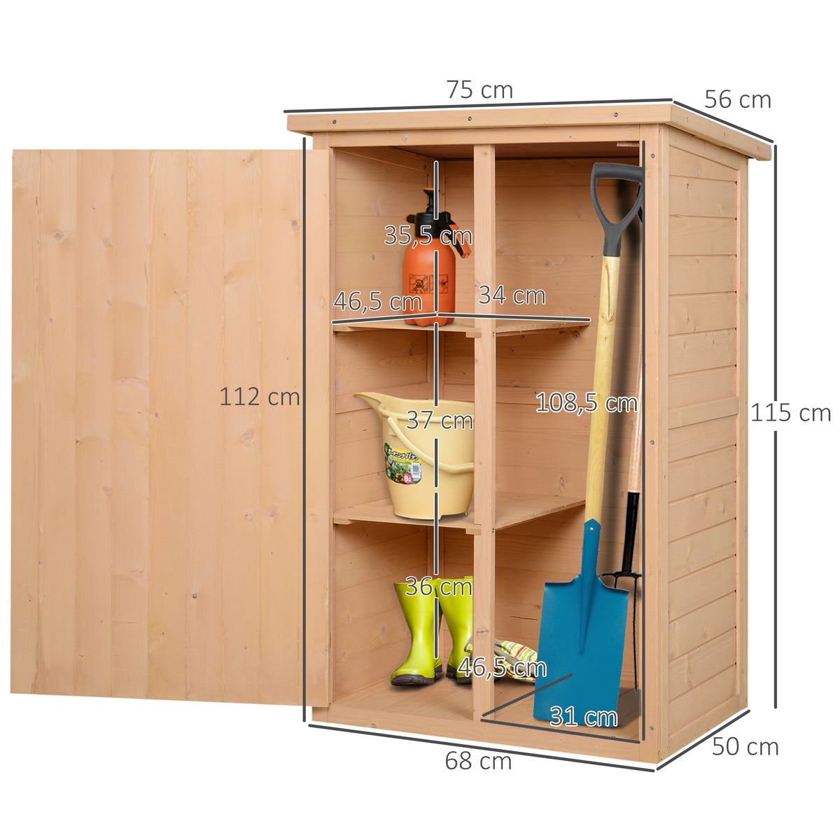Wooden Small Shed, Garden Storage Shed with Shelves and Bolt Latch, 75L x 56W x115H cm, Natural