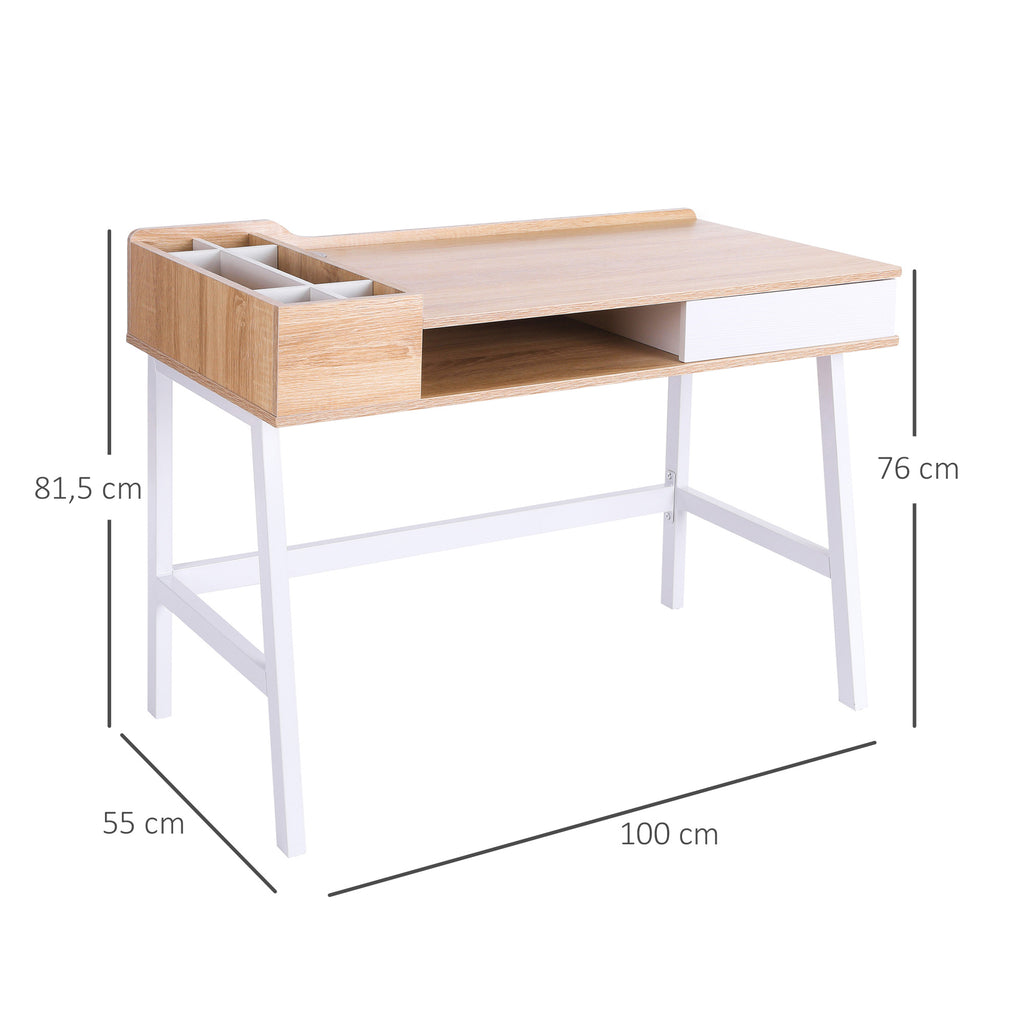  Computer Desk, Writing Desk, Study Workstation with Drawer, Storage Compartments, Cable Management, Laptop Table, Metal Frame, 100 x 55 x 81.5cm, Oak and White
