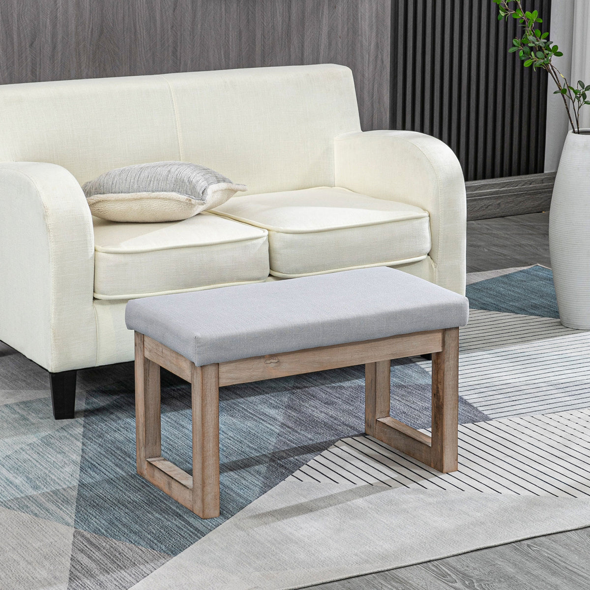 Fußbank im Skandi-Design, Sitzhocker, Fußhocker, 68 cm x 38 cm x 42 cm, Grau + Natur