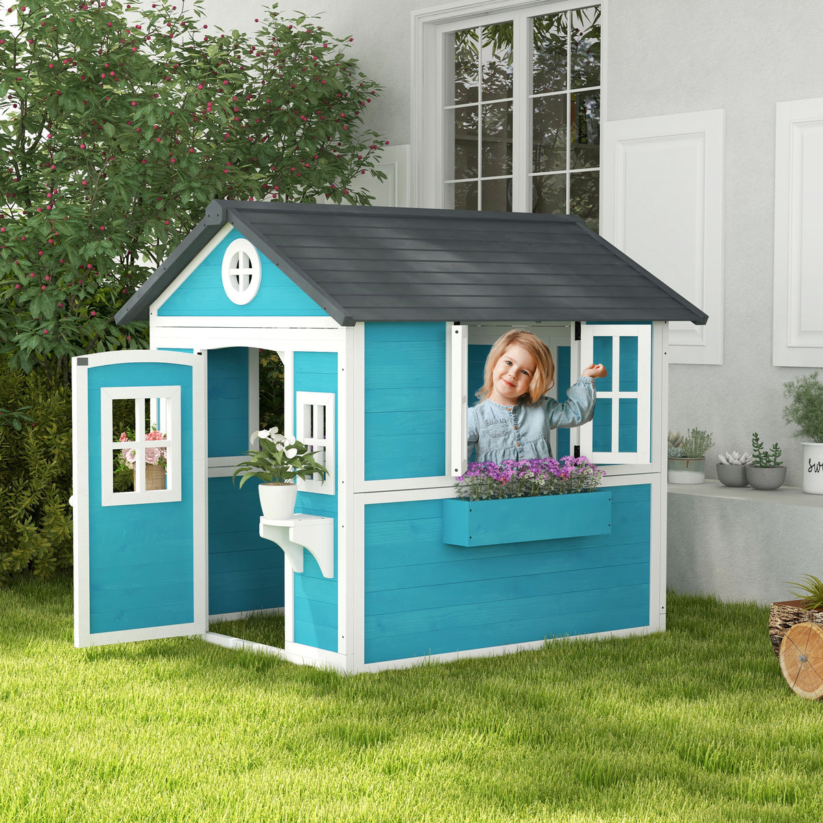 Kinderspielhaus, Holz-Spielhaus f¨¹r Kinder, Outdoor-Gartenspielhaus mit Fenstern, Blument?pfe, 3-8 Jahre, Blau