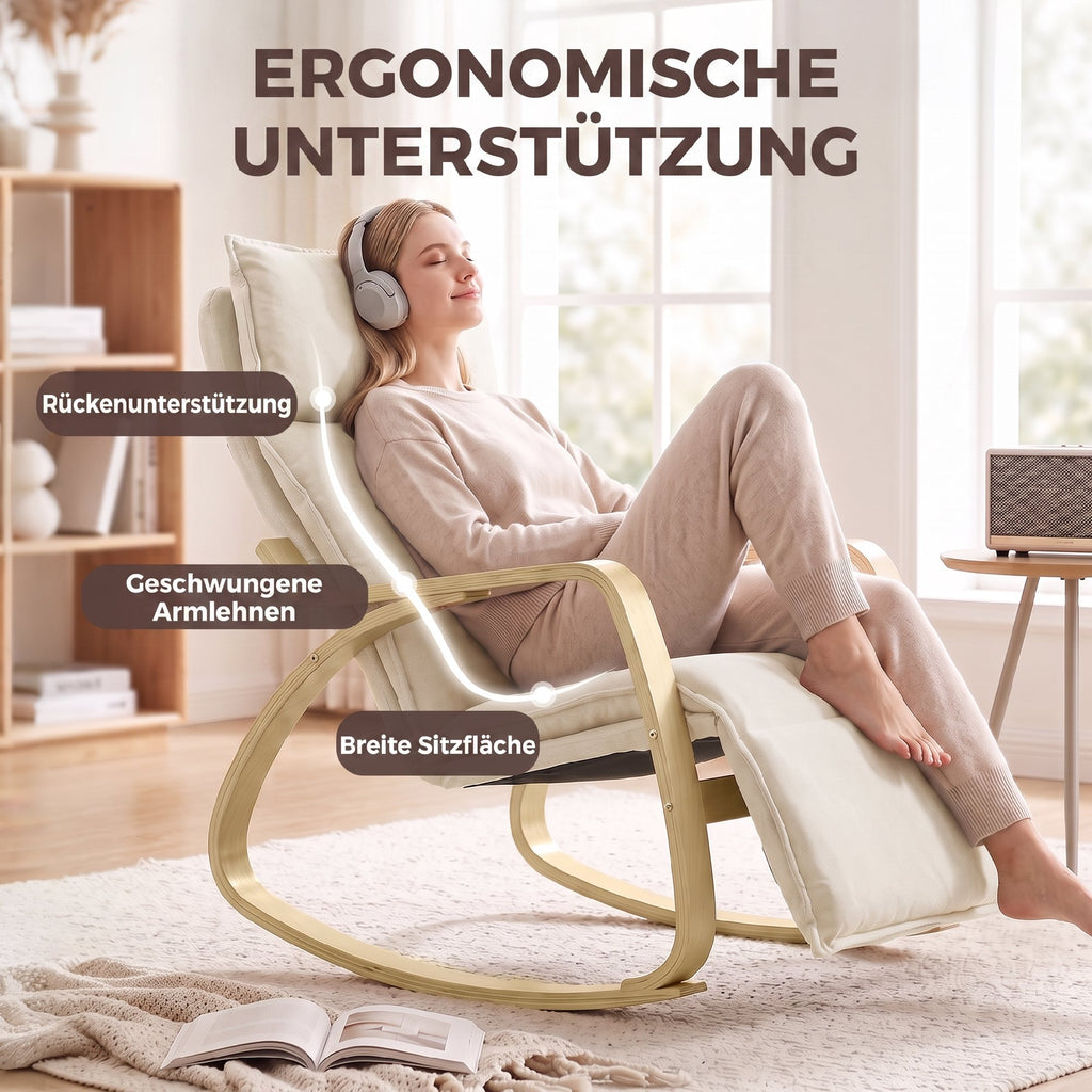 Schaukelstuhl mit 5-Fach Verstellbare Fußstütze, Cremeweiß
