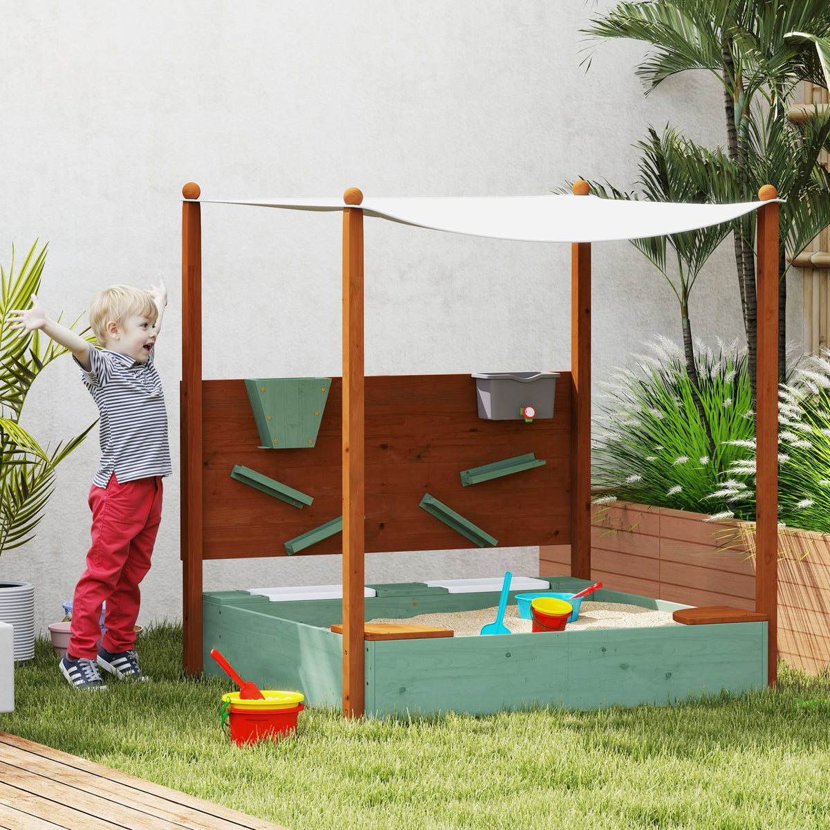 Wood Sandpit with Canopy, Storage Bins, Funnel, Liner, Chutes, Bucket with Tap, 116 x 112.5 x 128 cm, Green
