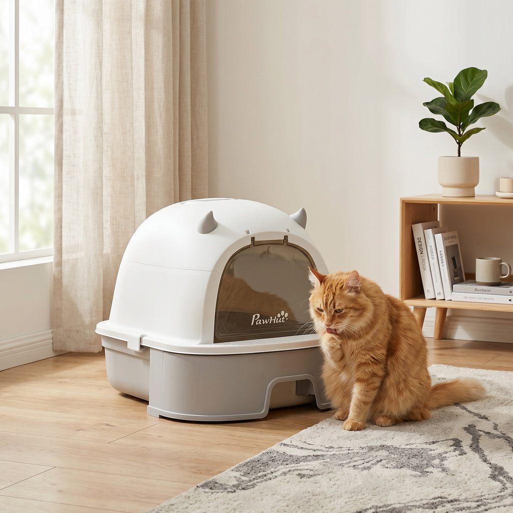 Katzentoilette Edelstahl mit abnehmbarem Deckel, Schaufel & Aktivkohlefilter für kleine bis mittelgroße Katzen, Grau