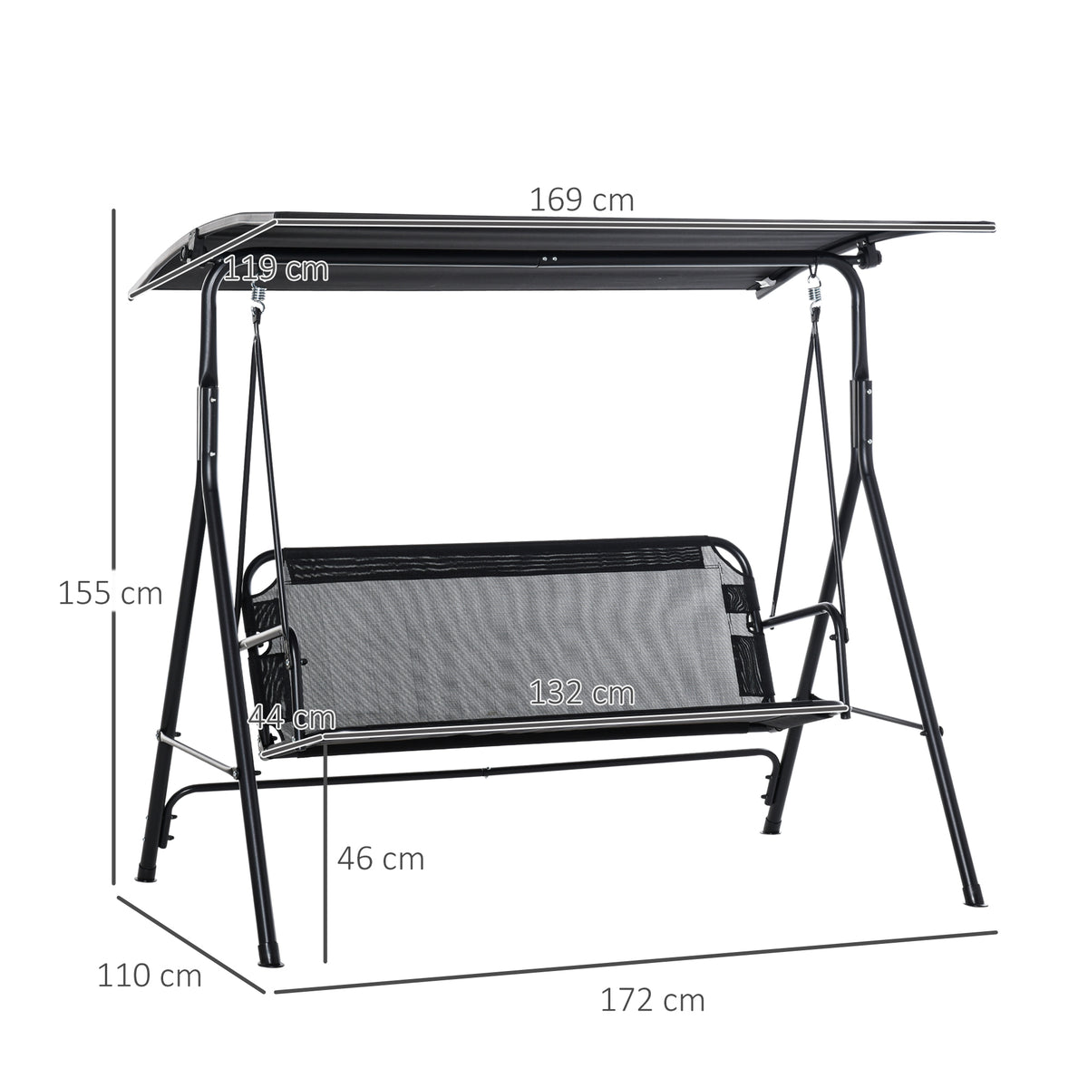  2-Sitzer Hollywoodschaukel Outdoor Gartenliege UV-beständig Hochwertiges Metallrohr winkeleinstellbar Schwarz