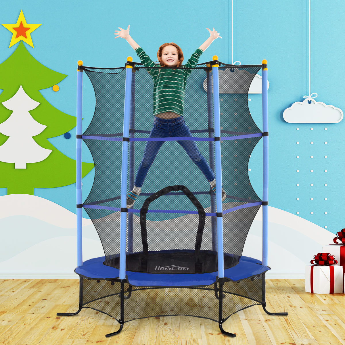 Trampolin f¨¹r Kinder, ?163 cm, mit Sicherheitsnetz, In- und Outdoor, Belastung bis 50 kg, Stahl, Kunststoff, Blau