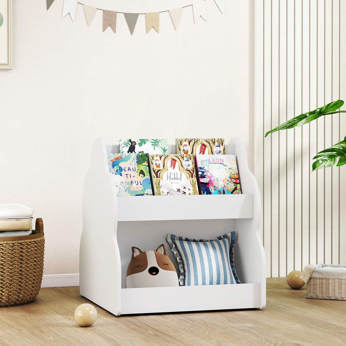 Kinderregal, 2-stöckiges Kinder-Bücherregal mit Rädern, 4 Regalen, für Kinderzimmer, Spielzimmer, 54x50x56 cm, Weiß