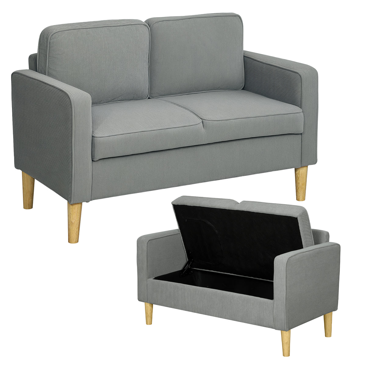 Zweisitzer-Sofa mit Stauraum und soliden Holzbeinen, f¨¹r Wohnzimmer, Schlafzimmer, 117 x 63 x 79 cm, Hellgrau