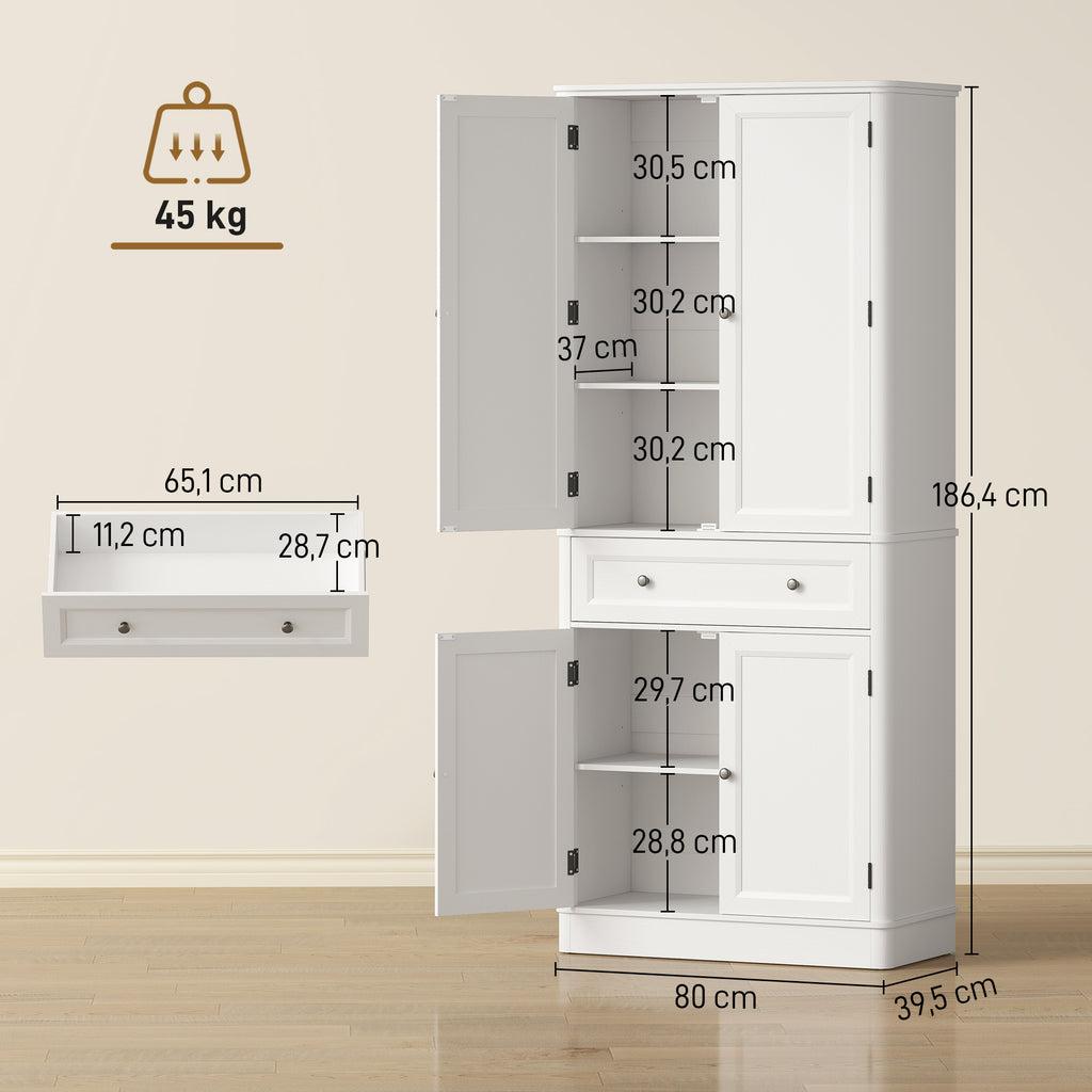 Küchenschrank mit 4 Türen, Schublade und verstellbaren Einlegeböden für Küche, 80 x 39,5 x 186,4 cm Weiß