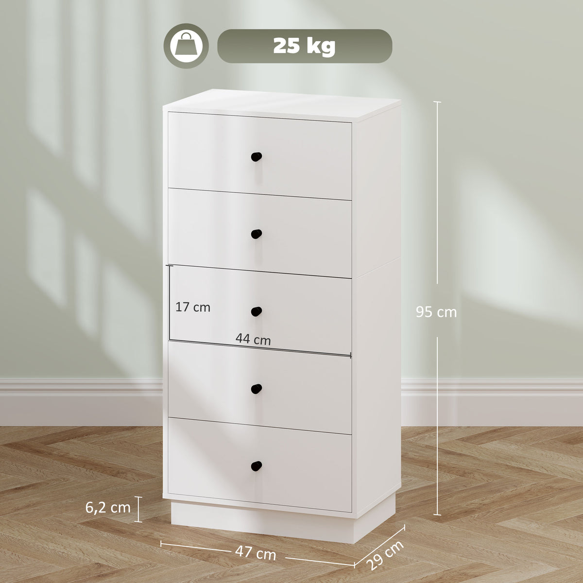 Kommode Sideboard mit 5 Schubladen Schrank aus Holzwerkstoff im Modern Stil 47 x 29 x 95 cm Wei?