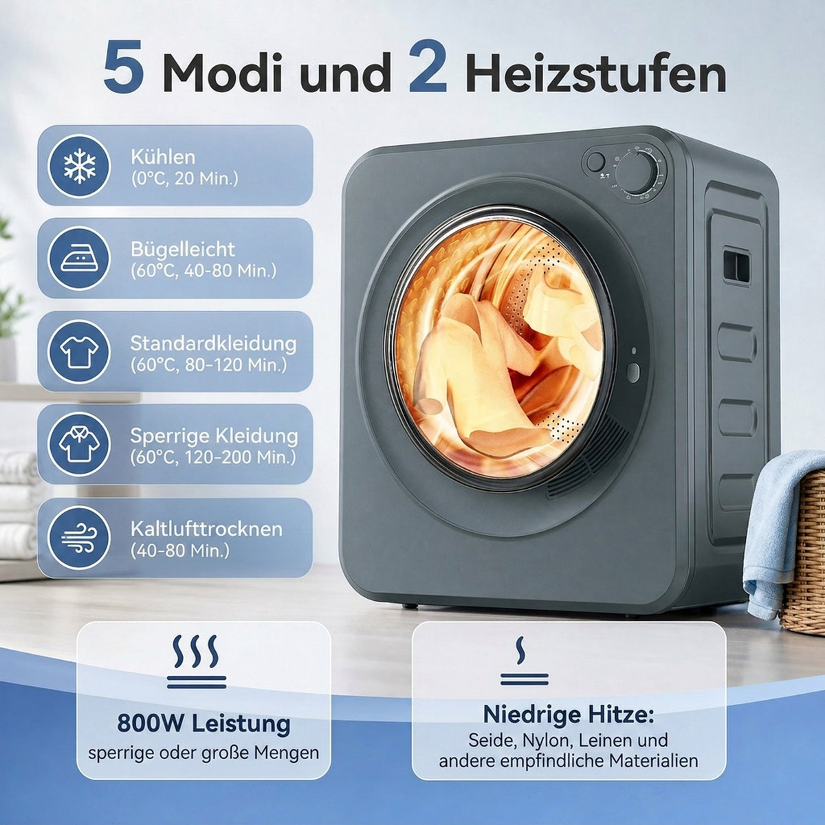 Mini Wäschetrockner 4 kg 5 Programme 800W/400W Freistehend Grau