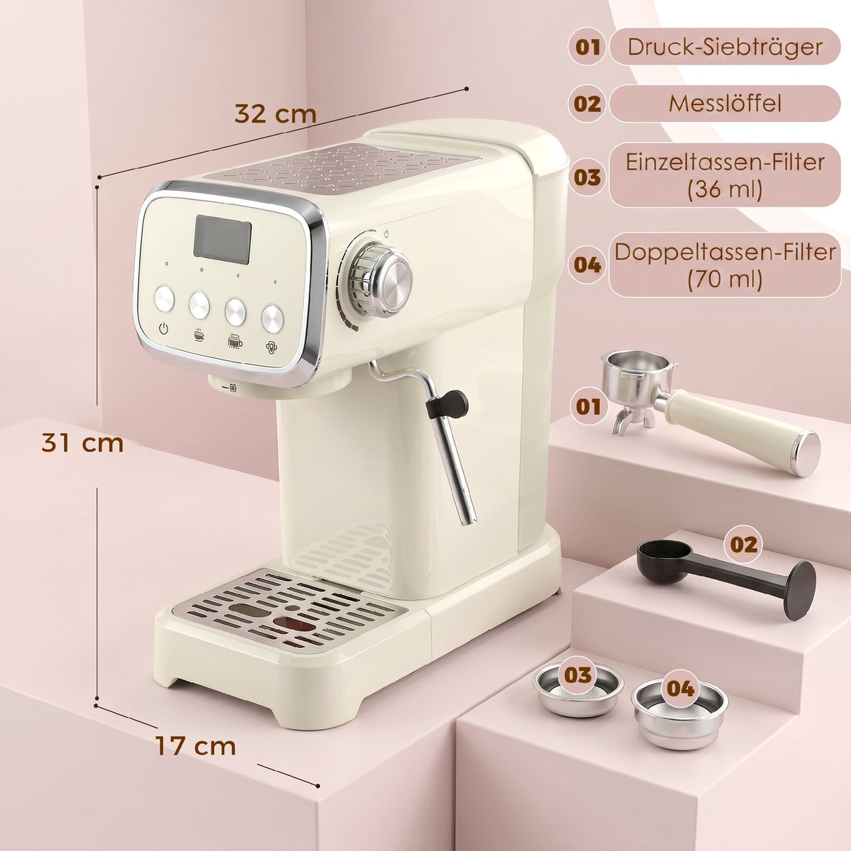 Siebträgermaschine 20 Bar Espressomaschine mit Milchaufschäumer und 1,2L abnehmbaren Wassertank für Espresso