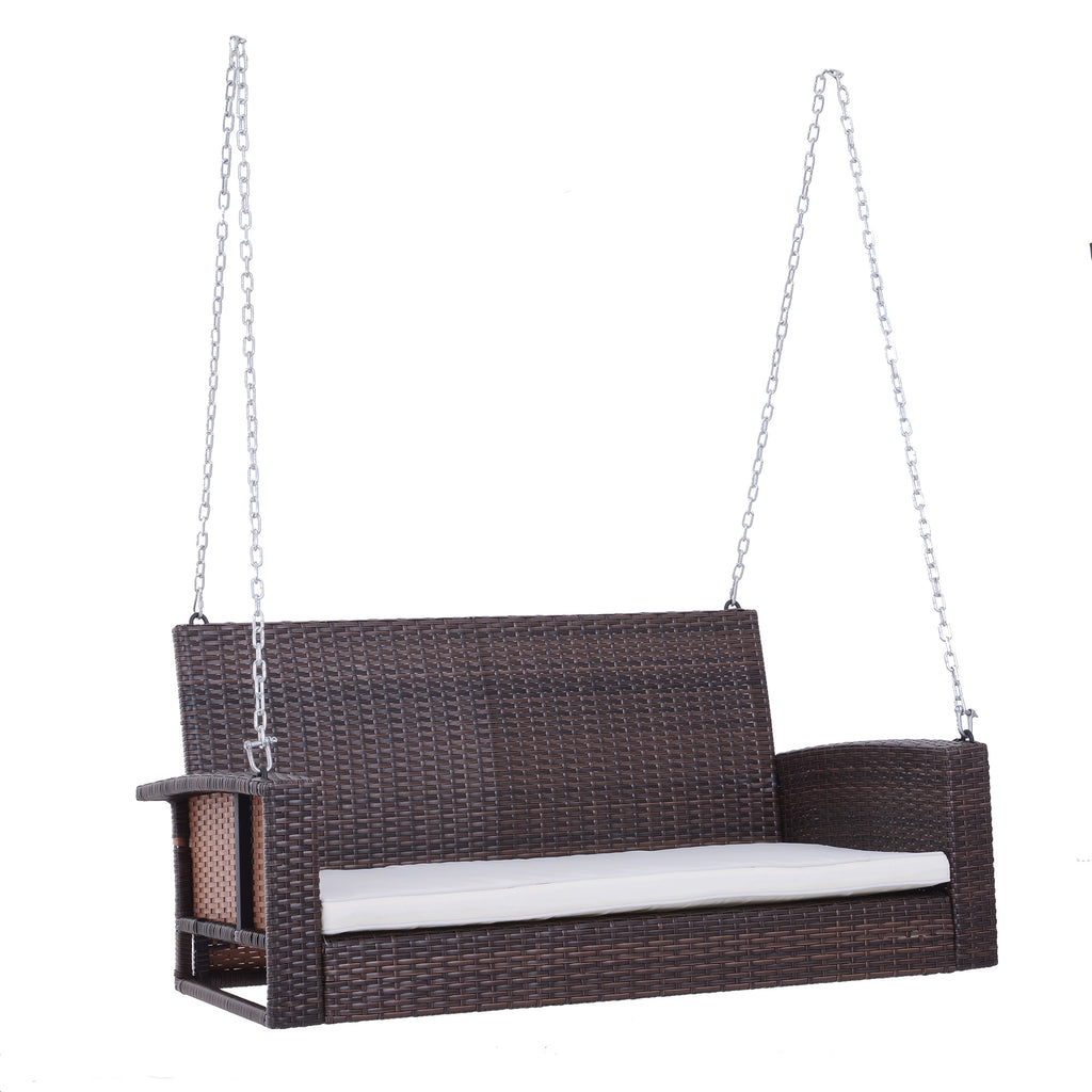 Hängebank 2-Sitzer Rattan Gartenschaukel mit Sitzkissen Hängeschaukel Hollywoodschaukel Schaukelbank Gartenbank Braun 127 x 65 x 60 cm