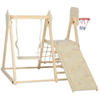 5-in-1 Indoor-Kletterger¨¹st mit Rutsche, Schaukel, Kletternetz, Basketballkorb, klappbar, 3-6 Jahre, Naturholz