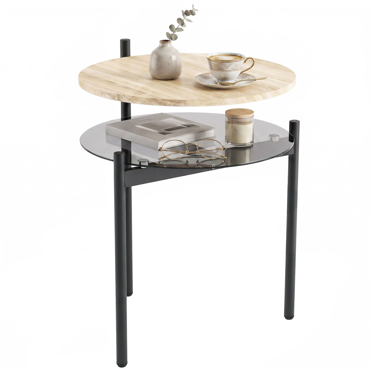 Runder Beistelltisch mit offener Glasablage für kleine Räume, Wohnzimmer, Schlafzimmer, 41,8 x 39,8 x 53,5 cm, Eiche