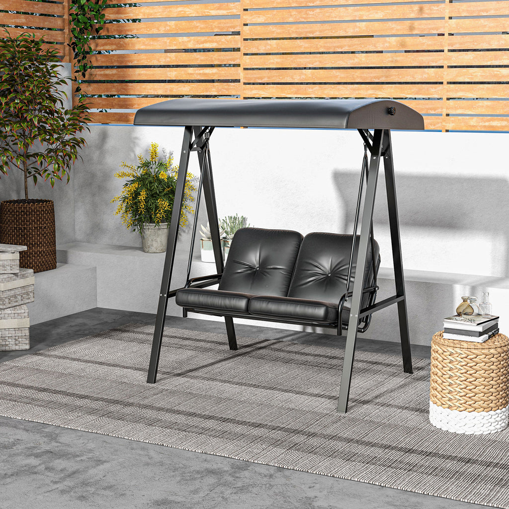 Two-Seater Garden Swing Bench, with Adjustable Canopy - Black