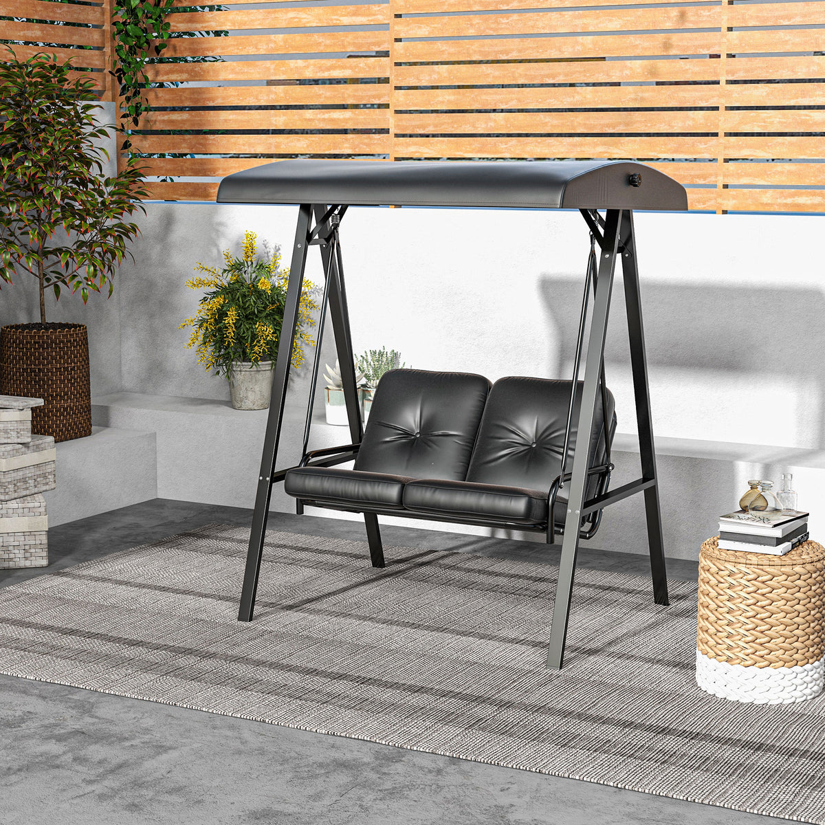 Two-Seater Garden Swing Bench, with Adjustable Canopy - Black