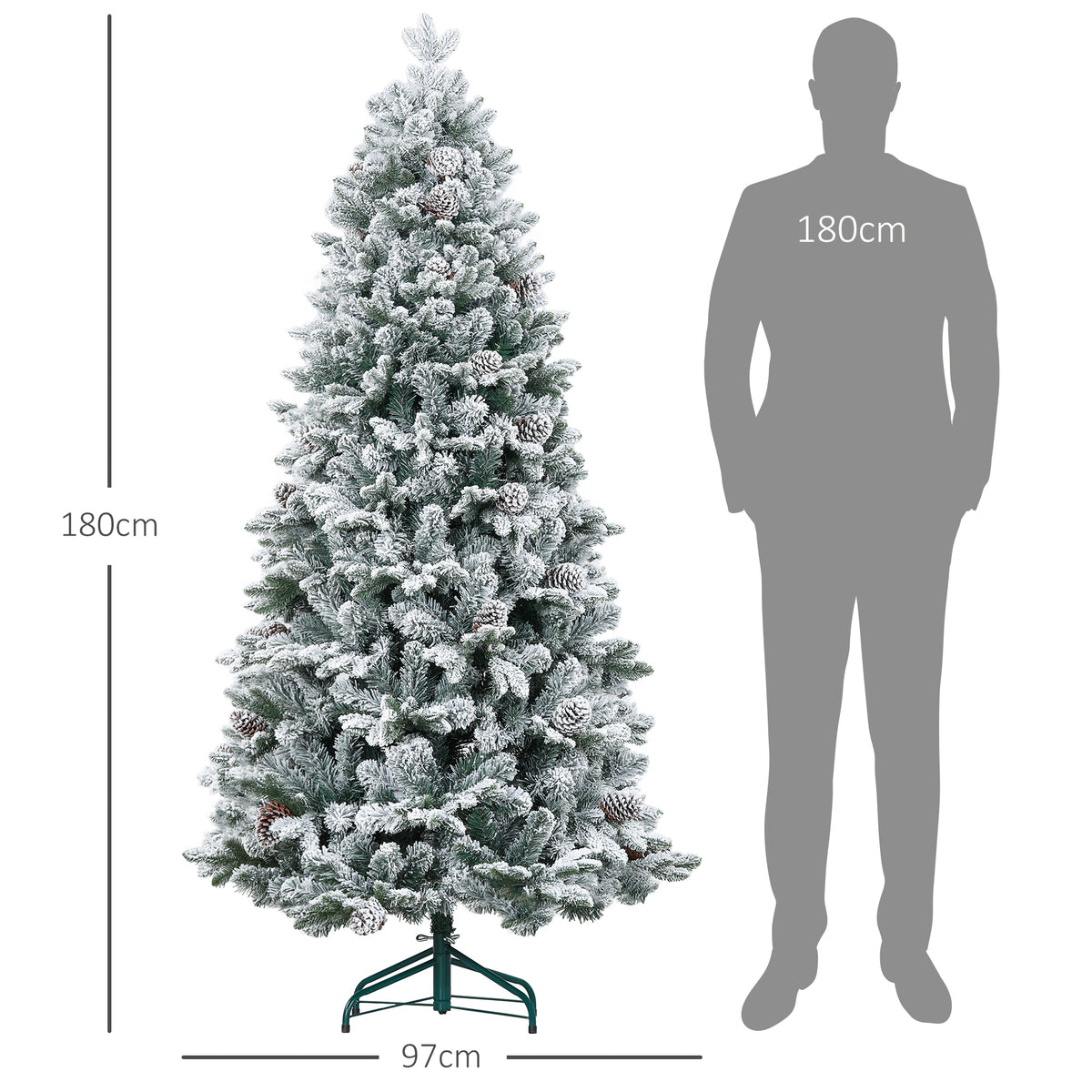 Künstlicher Weihnachtsbaum, Kunstschnee & Tannenzapfen, realistisch, flammhemmend, Metallfuß, 183 cm, Grün