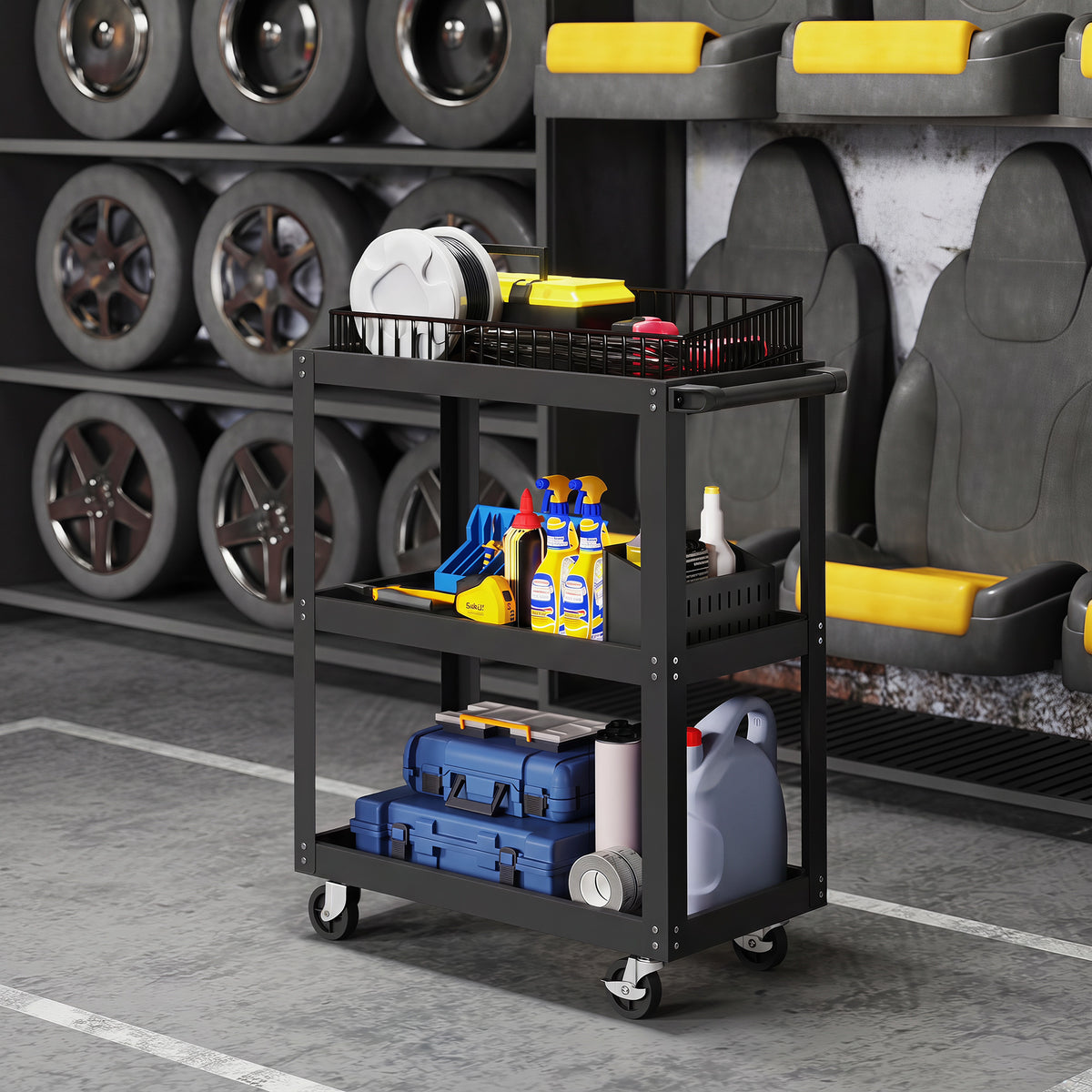 Werkstattwagen mit 3 Ablagen und Seitenhalter, 4 Rollen, 70,5 x 35 x 82,5 cm, Schwarz