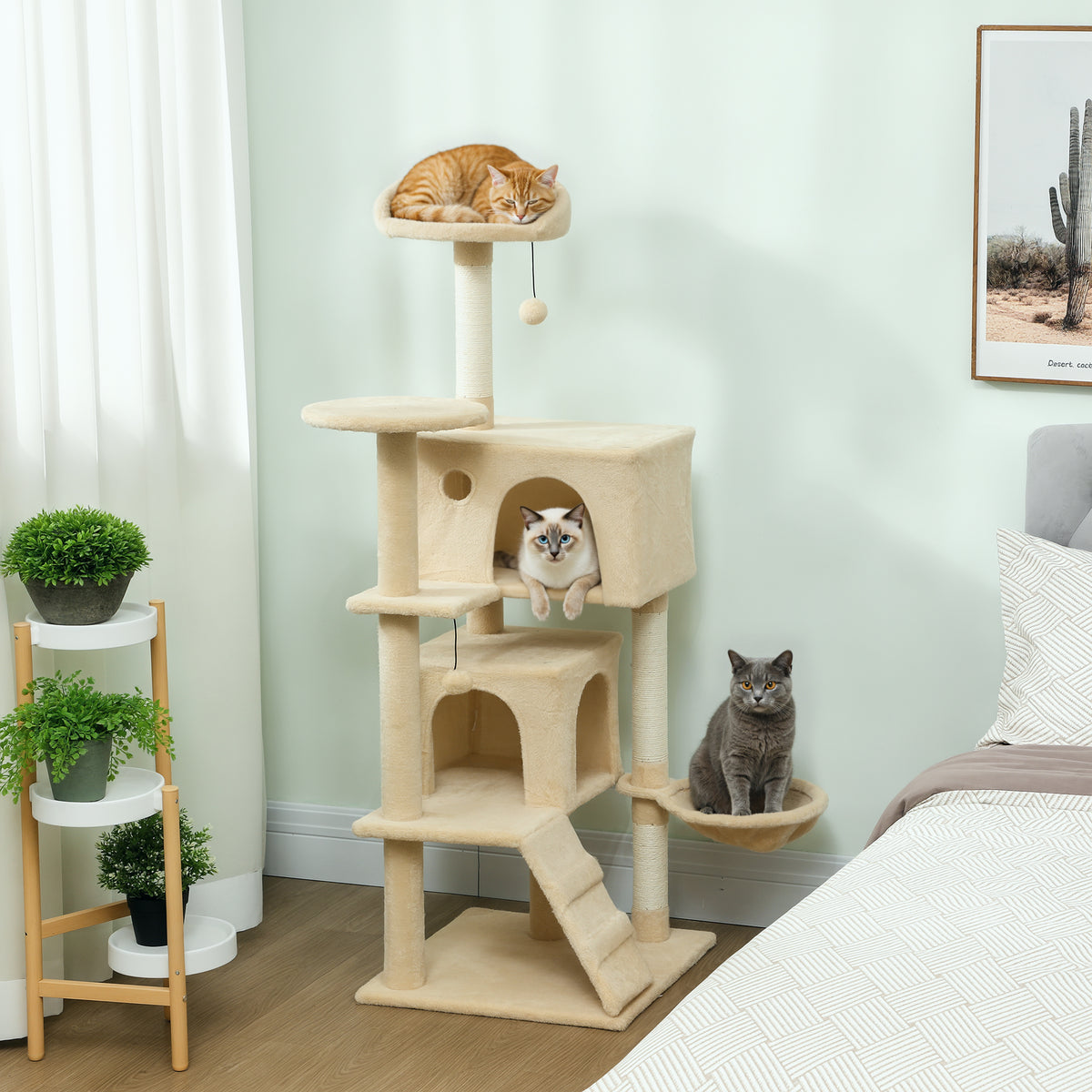 140cm Large Cat Tree Tower with Sisal Scratching Posts, Condos, Plush Perches, Hammock, Ladder, Beige