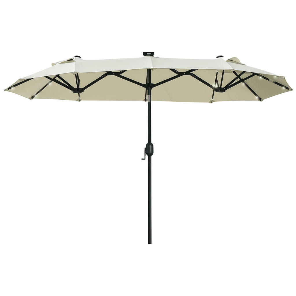 Doppelschirm, Terrassenschirm, neigbar, mit Solarpaneel, 35 LEDs, Stahlrahmen, beige, 2,92 x 1,50 x 2,18 m