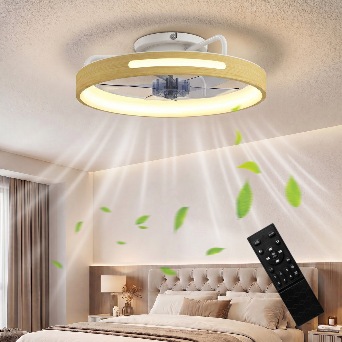 Deckenventilator mit Licht und Fernbedienung, 49 cm LED-Deckenventilator mit 3 Farbtemperaturen, natürliches Holzfinish