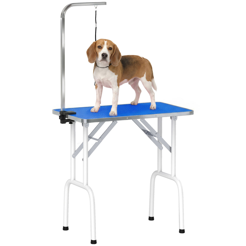 32" Foldable Dog Grooming Table Pet Drying Beauty Table Adjustable Fixed Arm Rubber Top, Blue