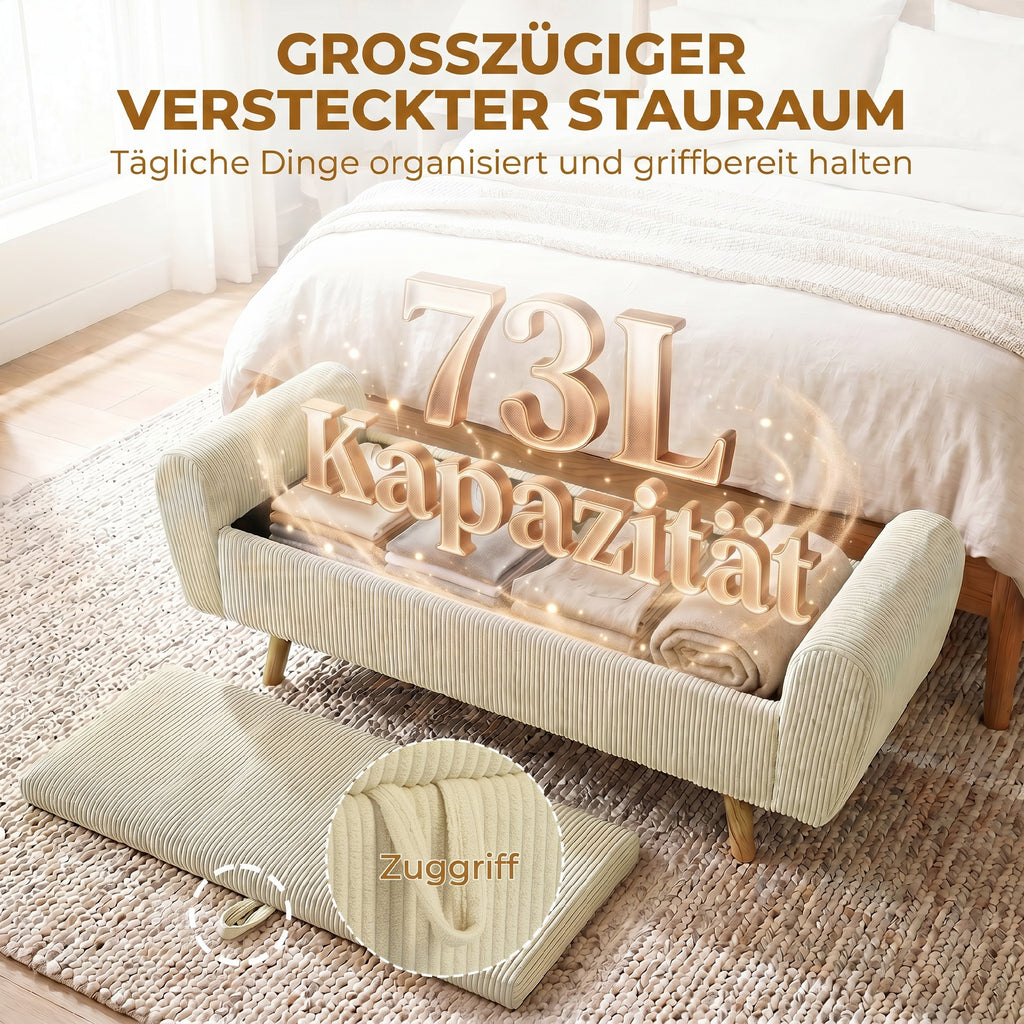 Sitzbank mit Stauraum, Polsterbank mit Cord-Optik, Holzfüßen und Gerollten Armlehnen, Beige