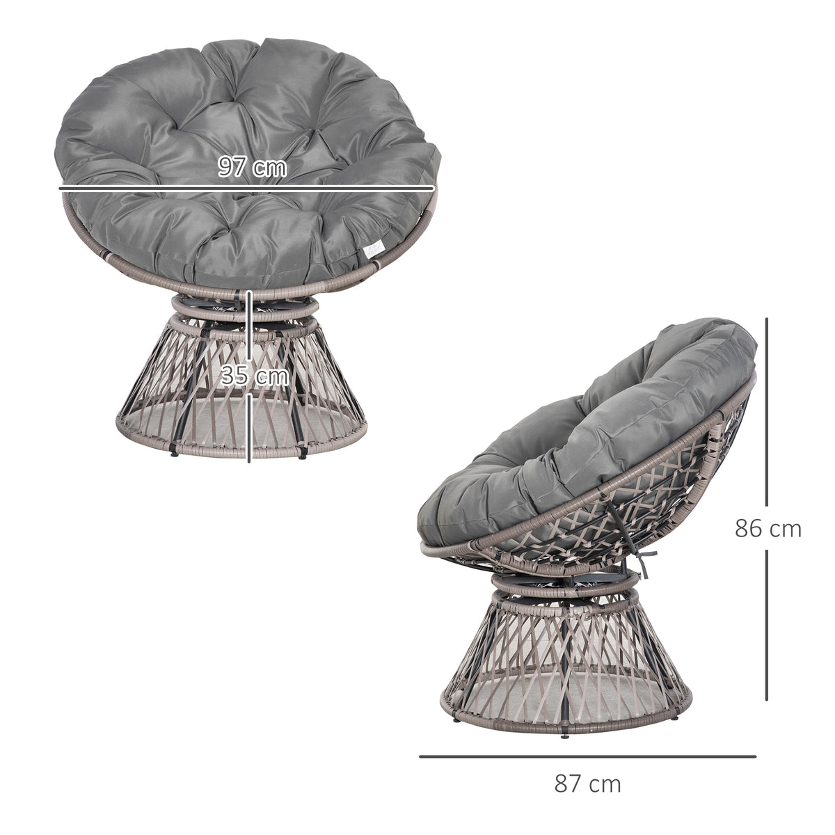 360° Swivel Rattan Moon Bowl Chair Round Lounge Garden Wicker Basket Seat with Padded Cushion Oversized for Outdoor Indoor, Grey