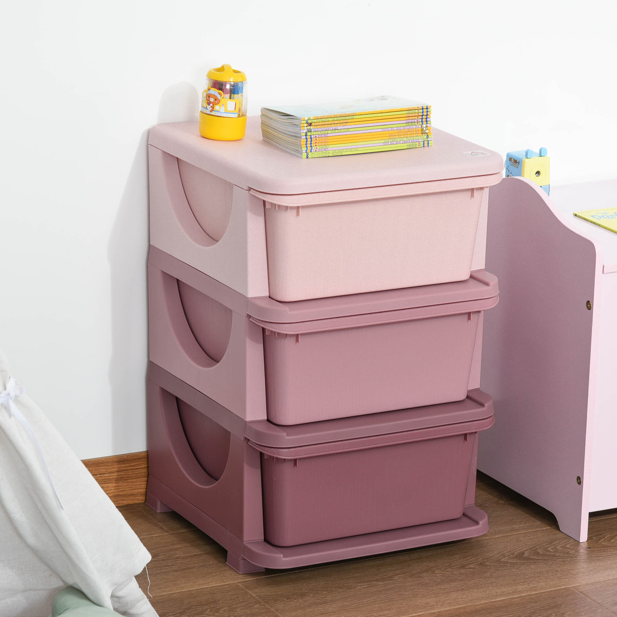 Aufbewahrungsboxen für Kinder, 3 Schubladen, abgerundete Kanten, erhöhtes Design, 37x37x56,5 cm, Rosa