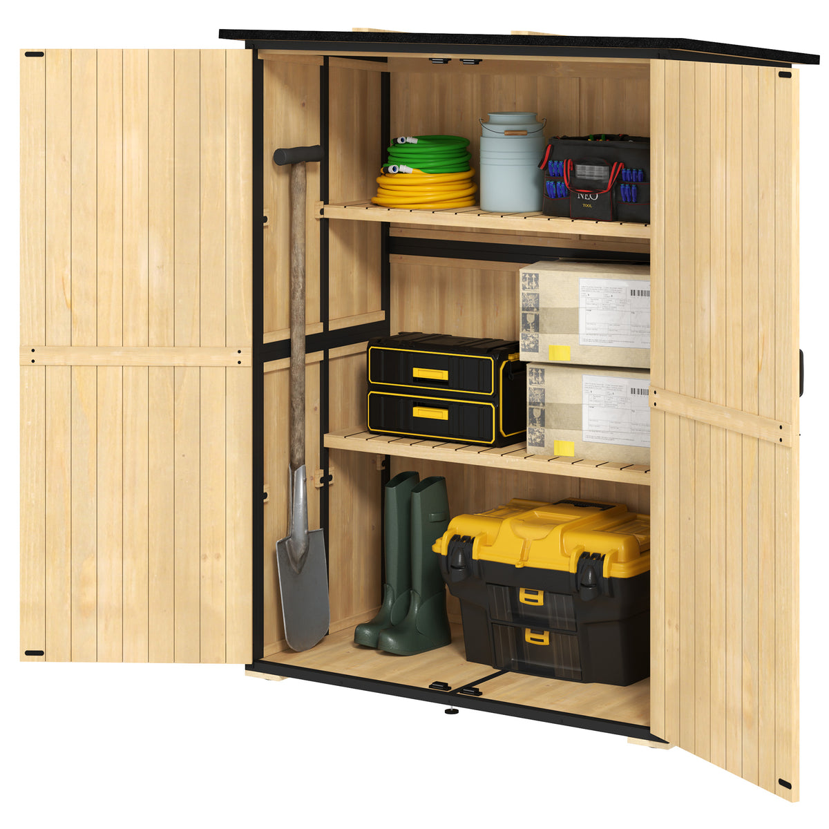 Gartenschrank aus Holz und Stahl, Outdoor-Werkzeugschrank mit Asphalt-Dach, 2 Regale, verschließbare Türen, Naturholz
