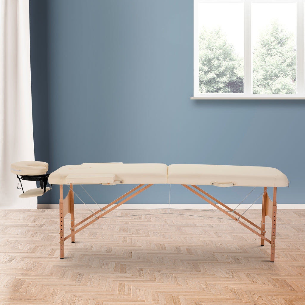 Portable Massage Bed, Folding Spa Beauty Massage Table with 2 Sections, Carry Bag and Wooden Frame, Cream