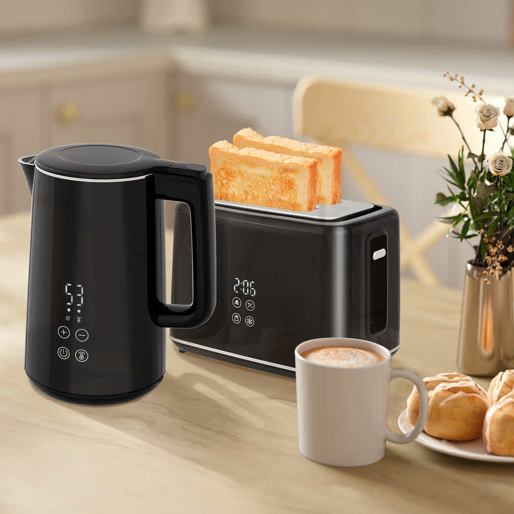 K¨¹chenset mit Wasserkocher und Toaster, 7 Br?unungsstufen, schnelles Kochen, Edelstahl, Kunststoff, Schwarz